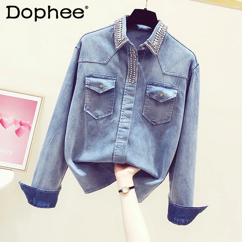 Exquisite Rhinestone Button Up Denim Shirt for Women 2022 Spring New Fashionable All-Match Long Sleeve Jean Blouse Ladies Top