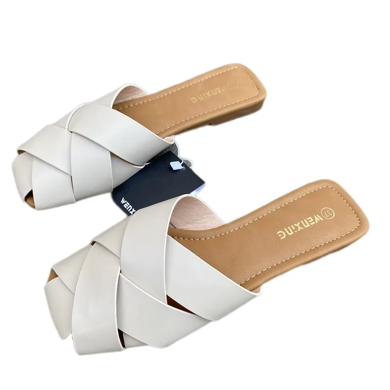 

Square Toe Woman's Slippers Flat Mules Slides Shallow Fashion Cover Toe 2022 Luxury Sandals Weave Leather Summer Beach Shoes