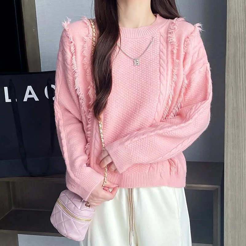 

Autumn Winter Fashion Korean Edition Solid Fried Dough Twists Tassel Round Neck Sweater Loose Versatile Western Knit Top JJ444
