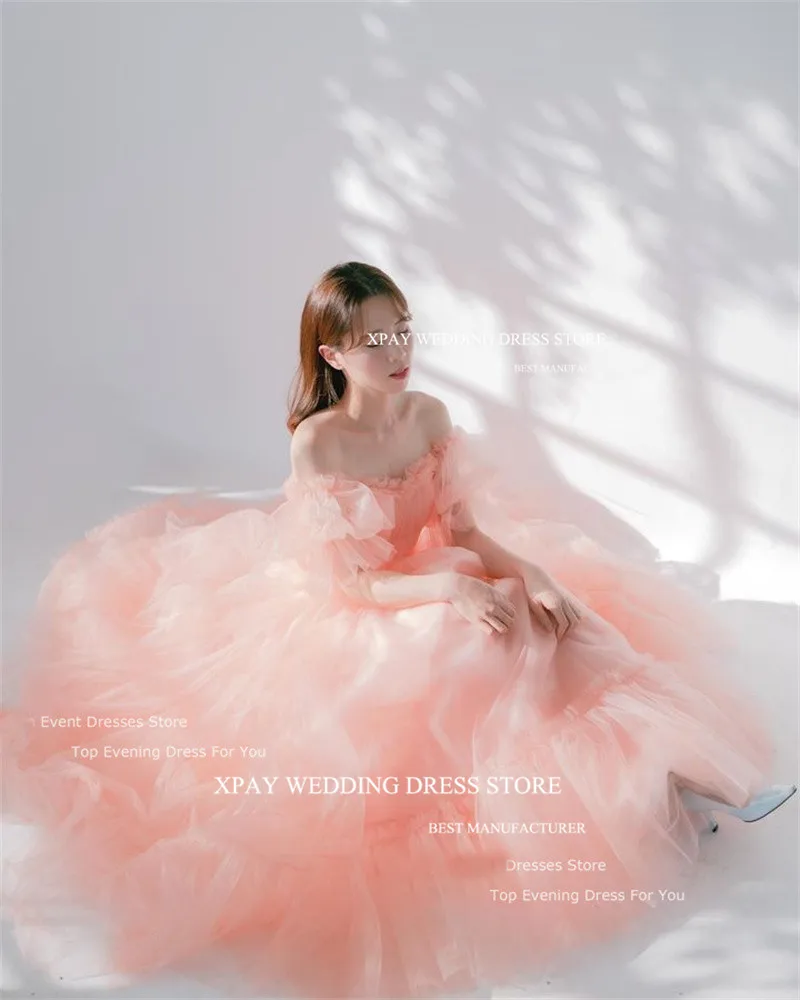 XPAY Fairy Blush Pink Tulle Prom Dresses Korea Customized Puff Short Sleeves Corset Lace Up Back Evening Gown Wedding Photoshoot