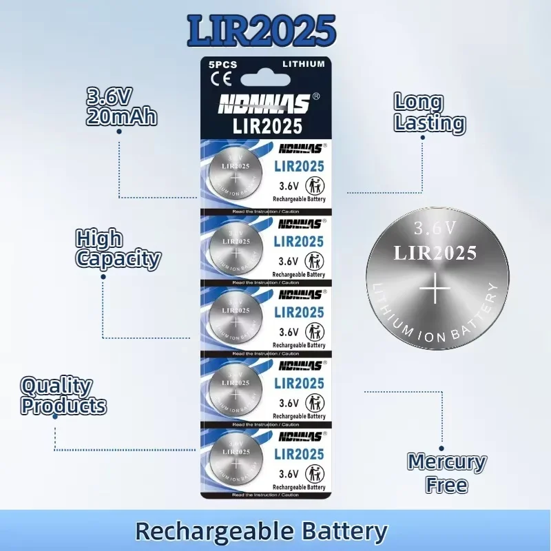 

5-100PCS LIR2025 3.6V Rechargeable Lithium Rechargeable Battery Replace CR2025 For Watch Camera Remote Control Calculatorl Clock