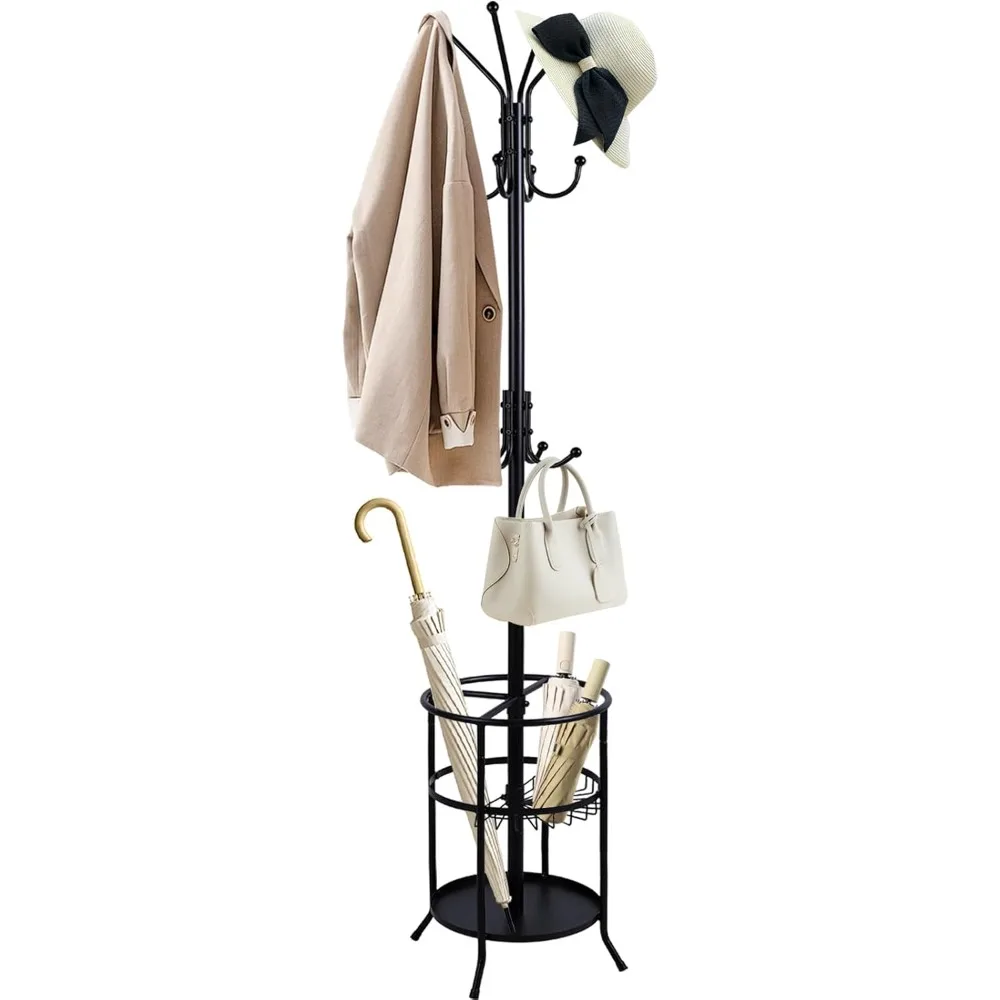 رف معطف معدني أسود حديث مع حامل مظلة و12 خطافًا لتعليق المعاطف والقبعات والإكسسوارات