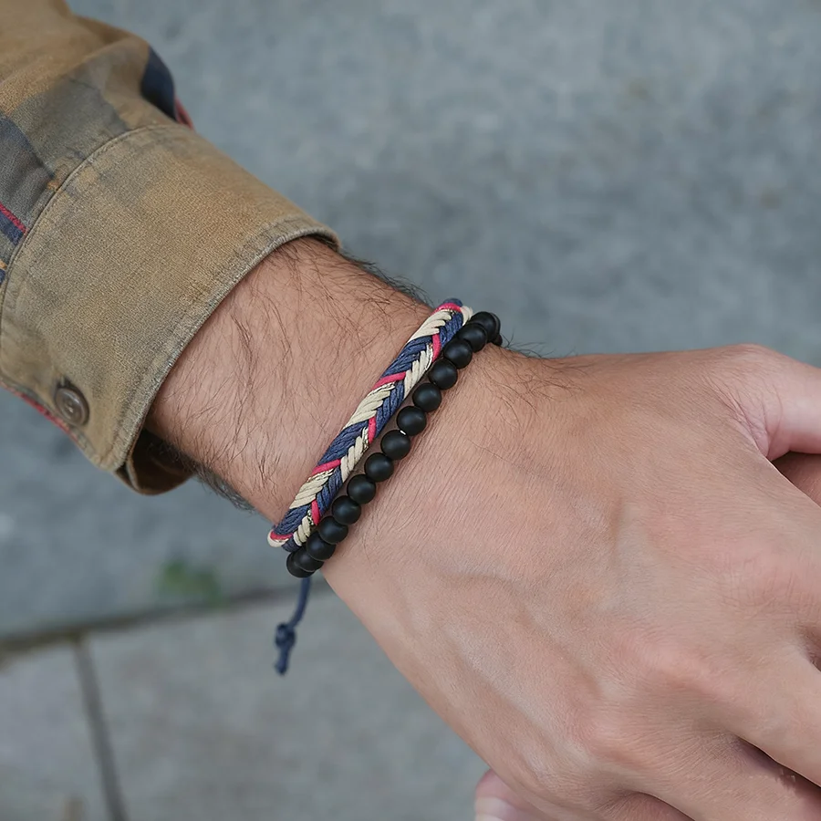 Bohemia 2-teiliges Herren-Armband-Set, handgefertigt, gewebtes Schnur-Armband, 6 Farben erhältlich, ethnisches Handgelenk-Accessoire, perfektes Geschenk für ihn
