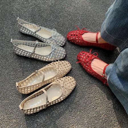 صنادل كاجوال نسائية منسوجة يدويًا من ماري جين بتصميم مجوف عتيق مع عقدة على شكل فيونكة سهلة الارتداء