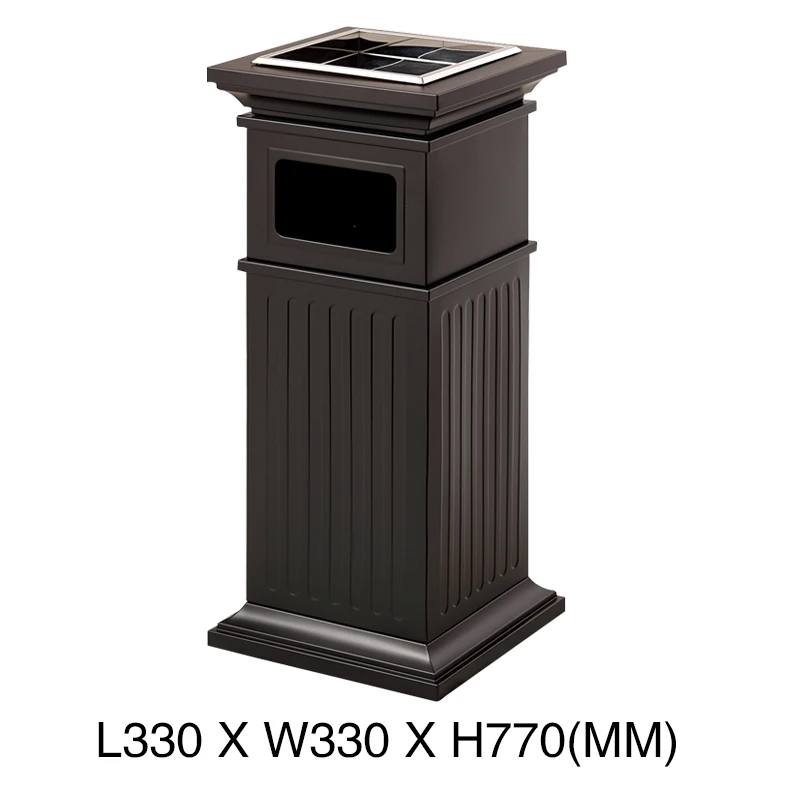 Hotel and shopping center corridor elevator entrances and vertical trash cans with ashtrays for indoor and outdoor fruit peel