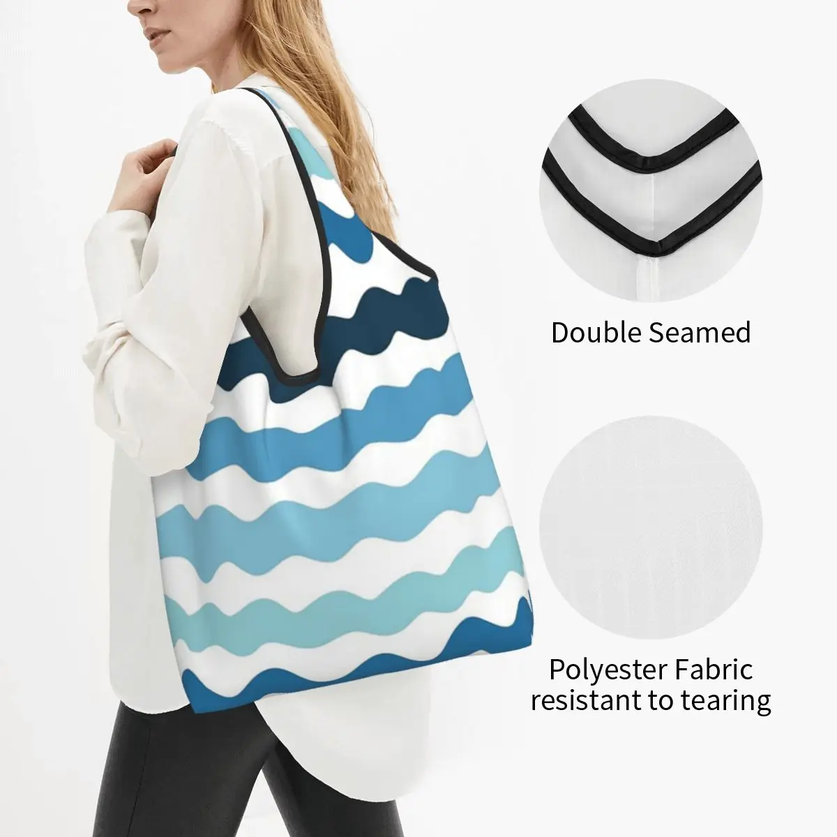 Abstract Blue Wave Pattern Calm Ocean Inspired Portable Tote Shopping Bags Reusable Shopper Bag Groceries Handbag Shoulder Bag