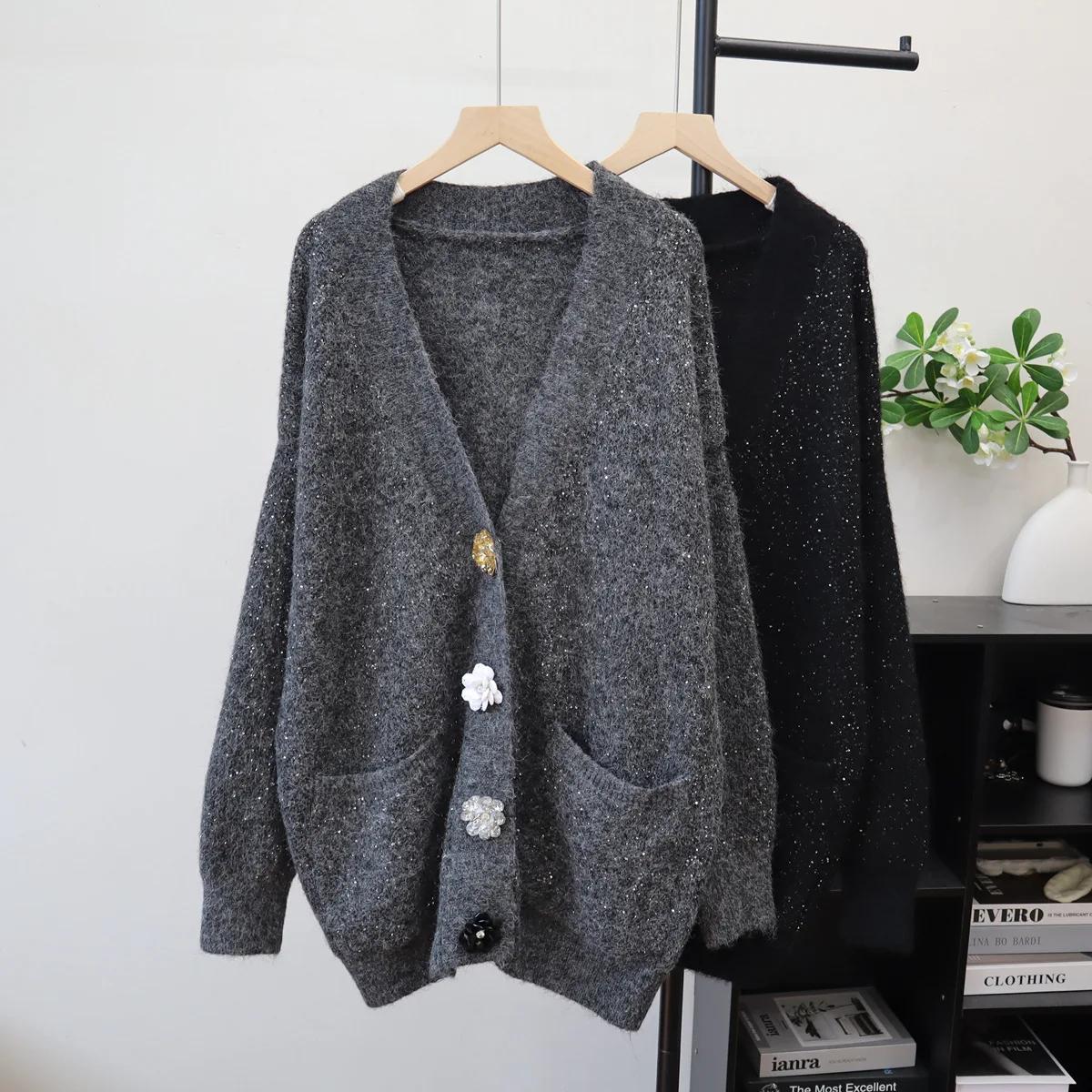 Mulheres de malha cardigan suéteres comprimento médio jumpers 3d floral lantejoulas bolso decote em v mangas compridas solto casual 2025 outono inverno