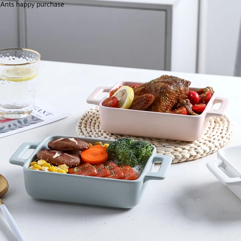 Binaural Rectangular Ceramic Plate Oven Dedicated Bakeware Dinner Plate Decorative Tableware Baking Bowl Dish Fruit Salad Bowl
