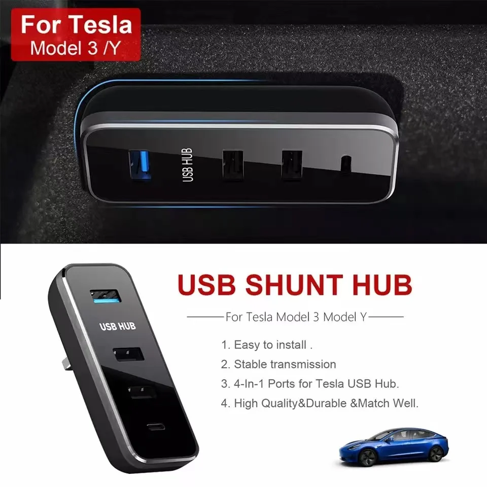 

Glovebox USB Hub Ports For Tesla Model 3 Y 2021 2022 Splitter Docking Station 4 In 1 Game Co-pilot USB Spiliter for Model 3 Y