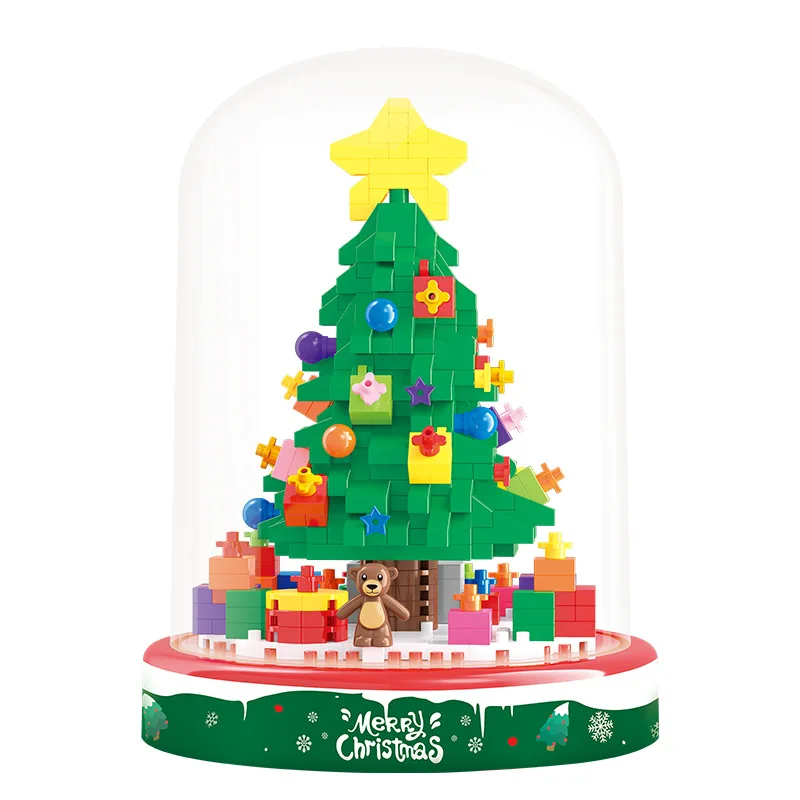 

Christmas Tree Micro Building Blocks Lighting Santa 3D Model MOC Mini Brick Figure Toys Christmas Gift With Display