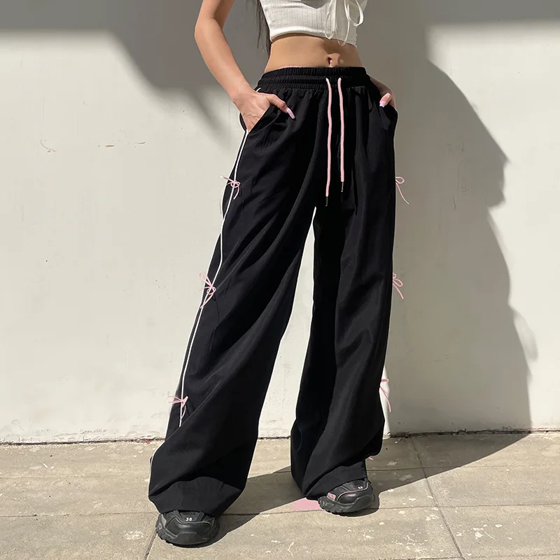 

2025 Summer Quick Drying Thin Sweatpants Fashion Streetwear Pink Bow Lace-Up Cargo Pants Y2K Aesthetic Harajuku Punk Trousers