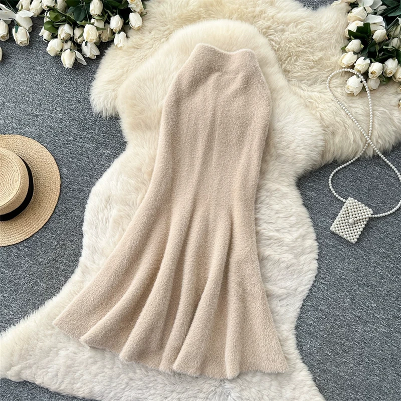 Damen Kunstnerz Gestrickter Meerjungfrauenrock Hohe Taille Weicher Flauschiger Warmer Pulloverrock Herbst Winter Eleganter Figurbetonter Langer Midirock 636 – Detail 26