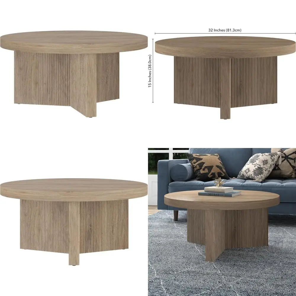 

Round Fluted Wood Pedestal Coffee Table for Living and Family Rooms, Office, and Apartments - Antiqued Gray Finish, Low Profile