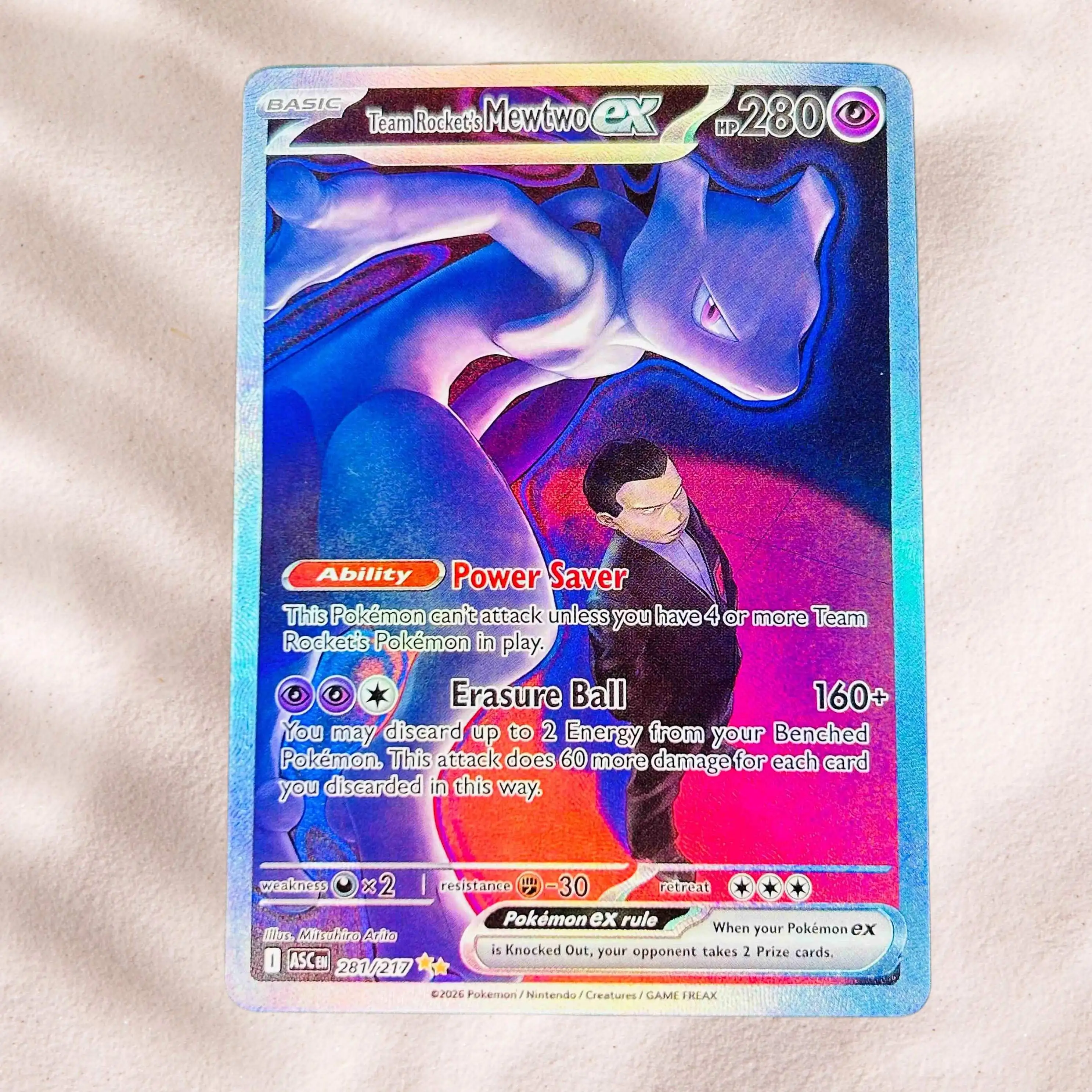 

DIY Pokemon Team Rocket's Mewtwo ex 281/217 Holographic Texture English Version Premium Anime Collection Card Perfect Condition