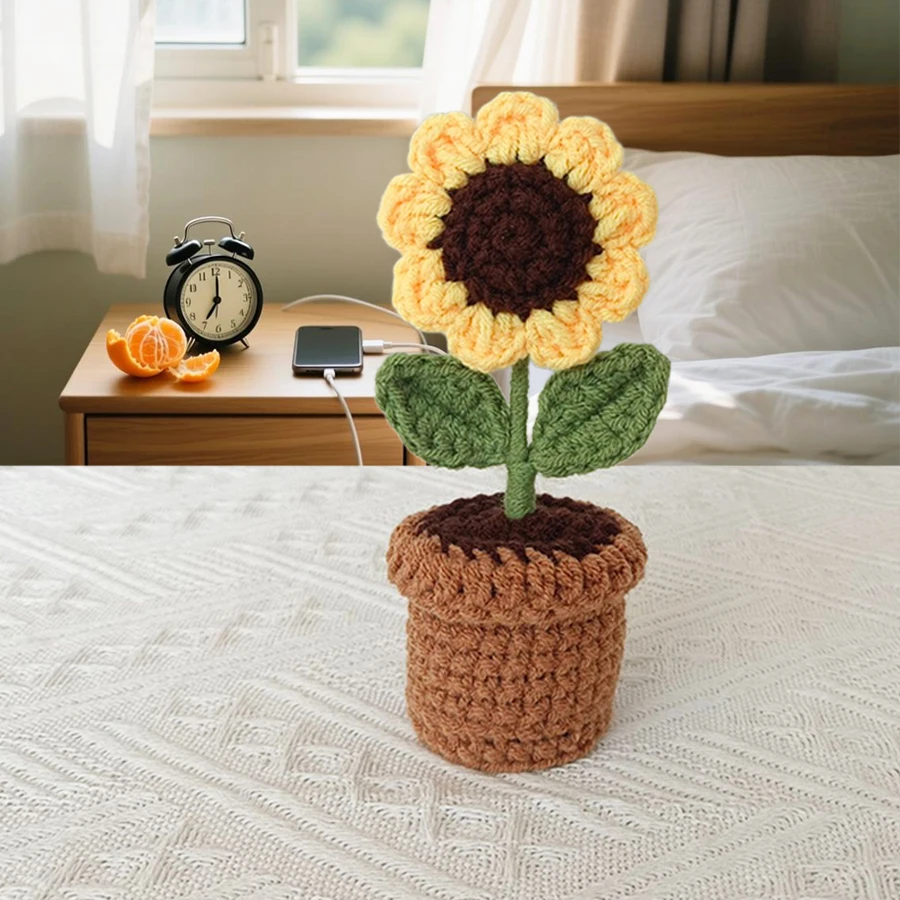 Warme und gemütliche kleine Ornamente, handgehäkelte Sonnenblumen-Topfpflanzen für Fensterbänke, Schreibtische, Schlafzimmer, Wohnzimmer, Arbeitszimmer, Dekorationen, Geburtstags- und