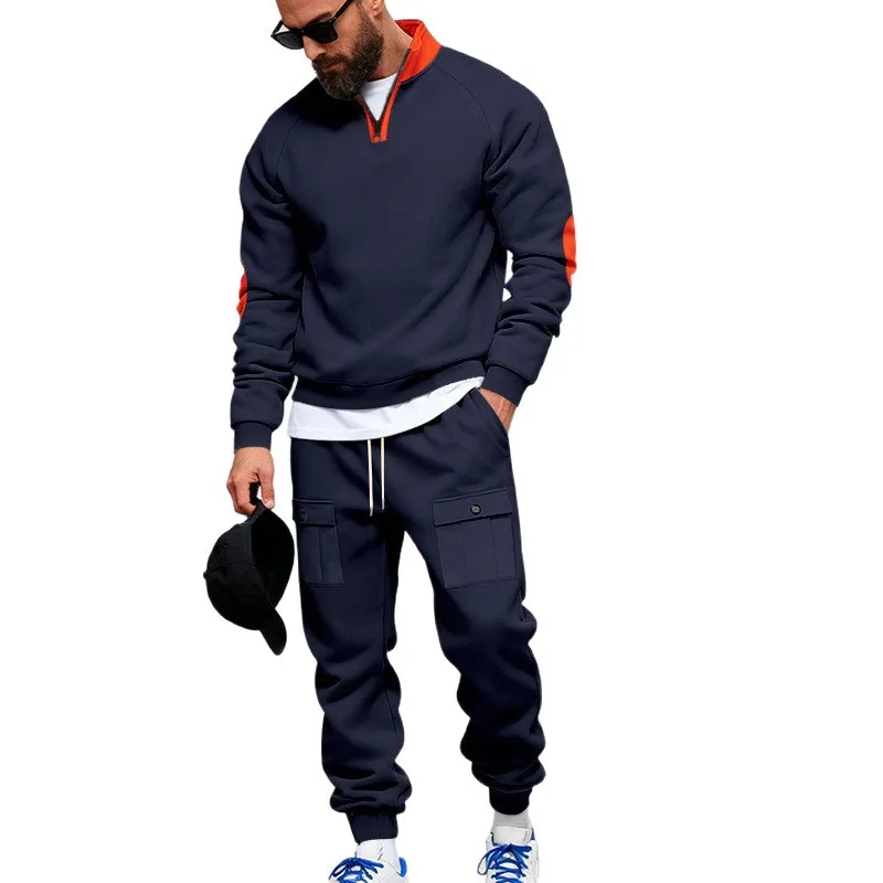 Fashionable Winter New Men's Velvet Loose Stand-up Collar Casual Versatile Solid Color Sweatshirt Overalls Sweatpants Suit