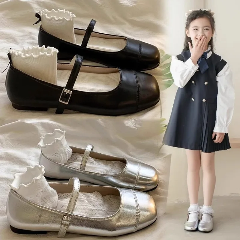 2026 Girls Leather Shoes for Kids Soft Children Square Toes Comfortable Anti-skid Fashion Princess Kids Flats 26-37 New