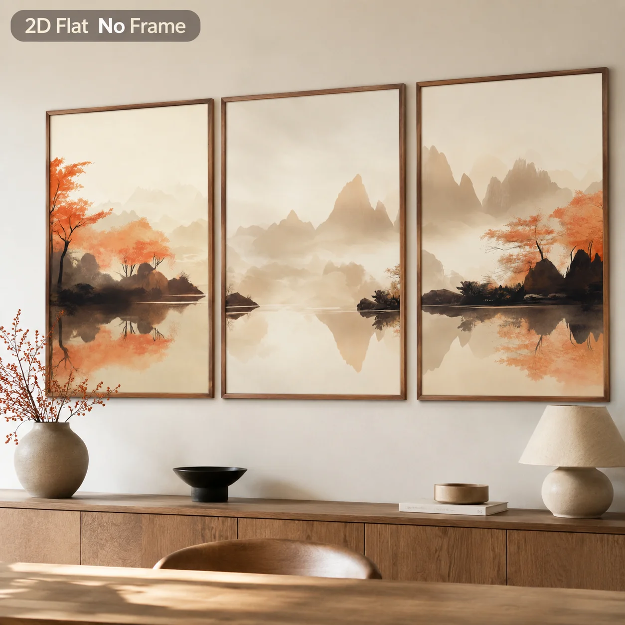 3PCS Red Maple Pinghu Cloud and Mist Peak Poster  Japanese-style Autumn Landscape Wall Art  Canvas Painting for Room Decor