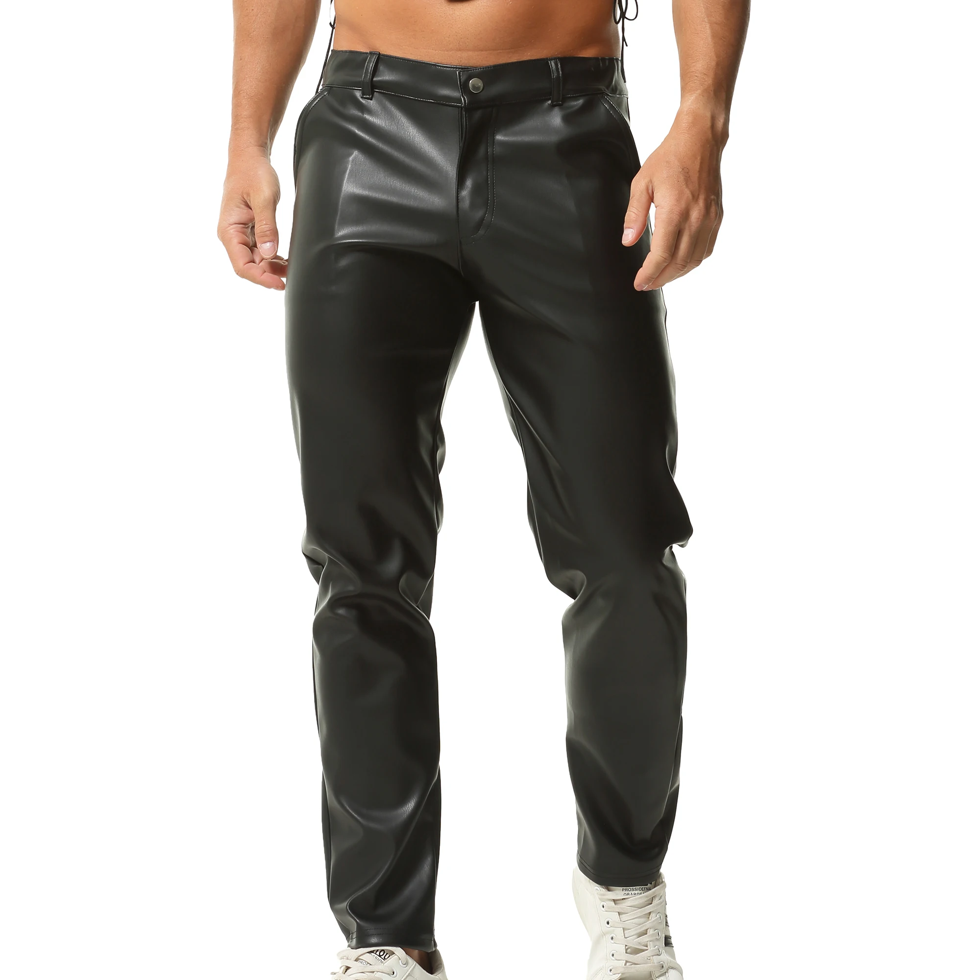 

Men PU Leather Slim Straight Leg Pants+button Tied Short Sleeve T-shirt Sexy Exposed Navel Black Top Shirt Men's Casual Club Set