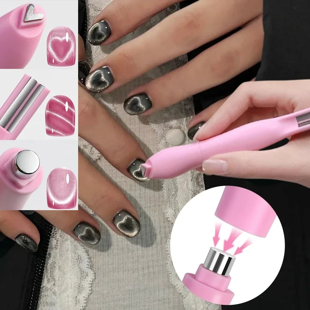 3-In-1 Heart Shape Cat Eye Nail Art Magnet Stick Double Line Moon Snake French Magnet Pen for Magnetic Gel Polish Manicure Tools