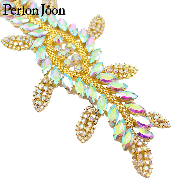 1pcs AB color crystal leaf long patch AB rhinestone glass welding flower silver decal for wedding boots decorative accessories