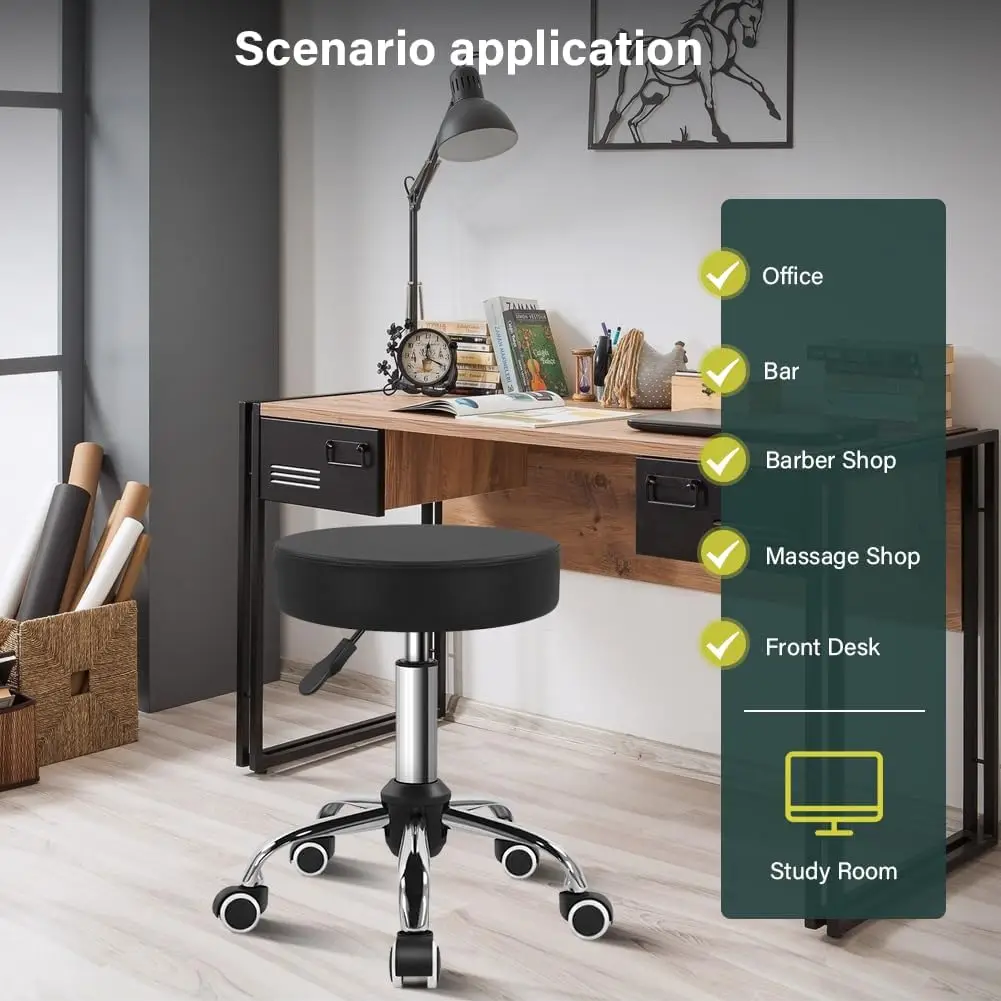 مقعد دوار من جلد البولي يوريثان الأسود مع عجلة مثالية لصالون العمل والمنتجعات الصحية المنزلية ومتجر الارتفاع قابل للتعديل وفعال من حيث التكلفة