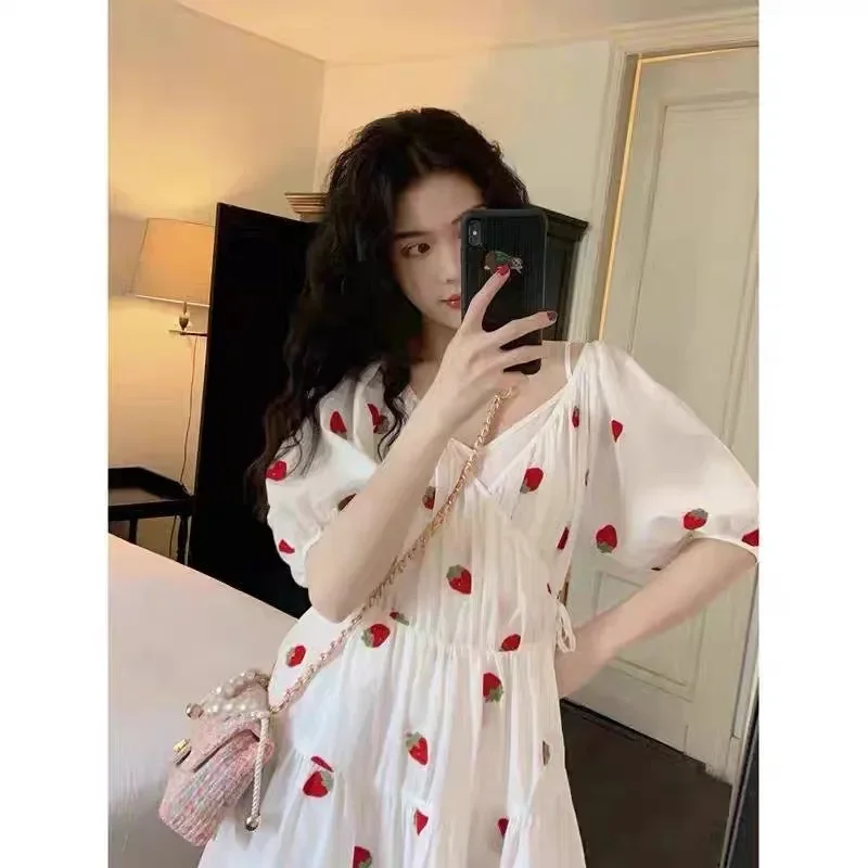 Summer Puff Sleeve Strawberry Dress Women V Neck Cotton Fruit Dresses Lace Up Loose Casual Tiered Skirt White New Sweet Clothing