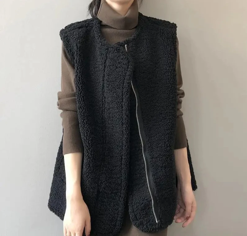 

Women's Double-Sided Wear Lamb Fur Vest Jacket Integrated Leather And Fur Loose Fit