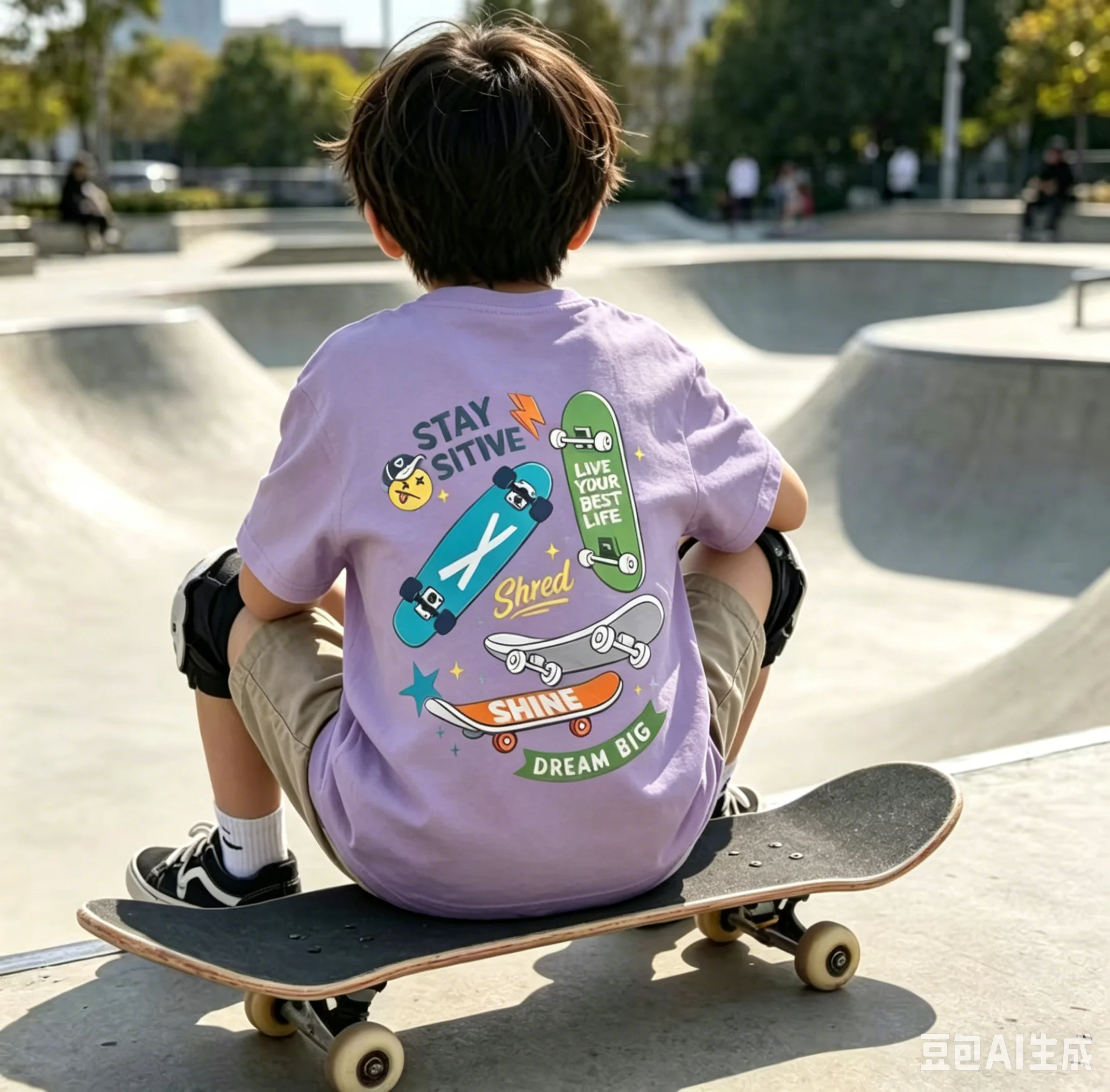 Skateboarding Cartoon Print 100% Cotton Kids T-Shirt - A Unique Loose-Fitting Comfortable Top Boys and girls wear short sleeves
