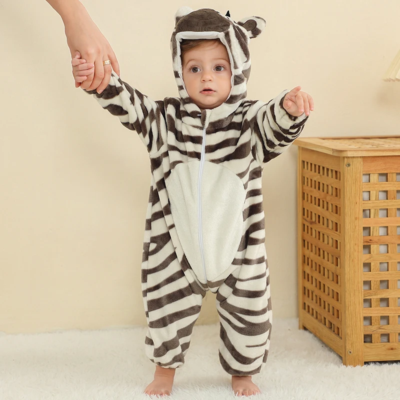 MICHLEY Halloween Cute Zebra Baby Rompers Winter Clothes Costume Flannel Hooded Bodysuits Pajamas Animals Jumpsuit For Girls Boy