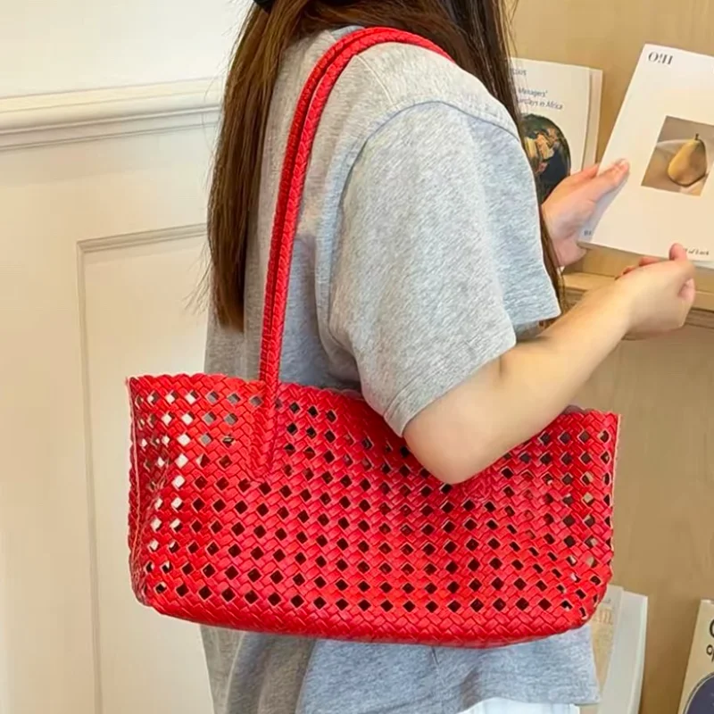 Summer Korean Hollow Woven PU Shoulder Bag Women Soft Rectangle Vacation Tote Bag Magnetic Snap Closure Casual Storage Handbag