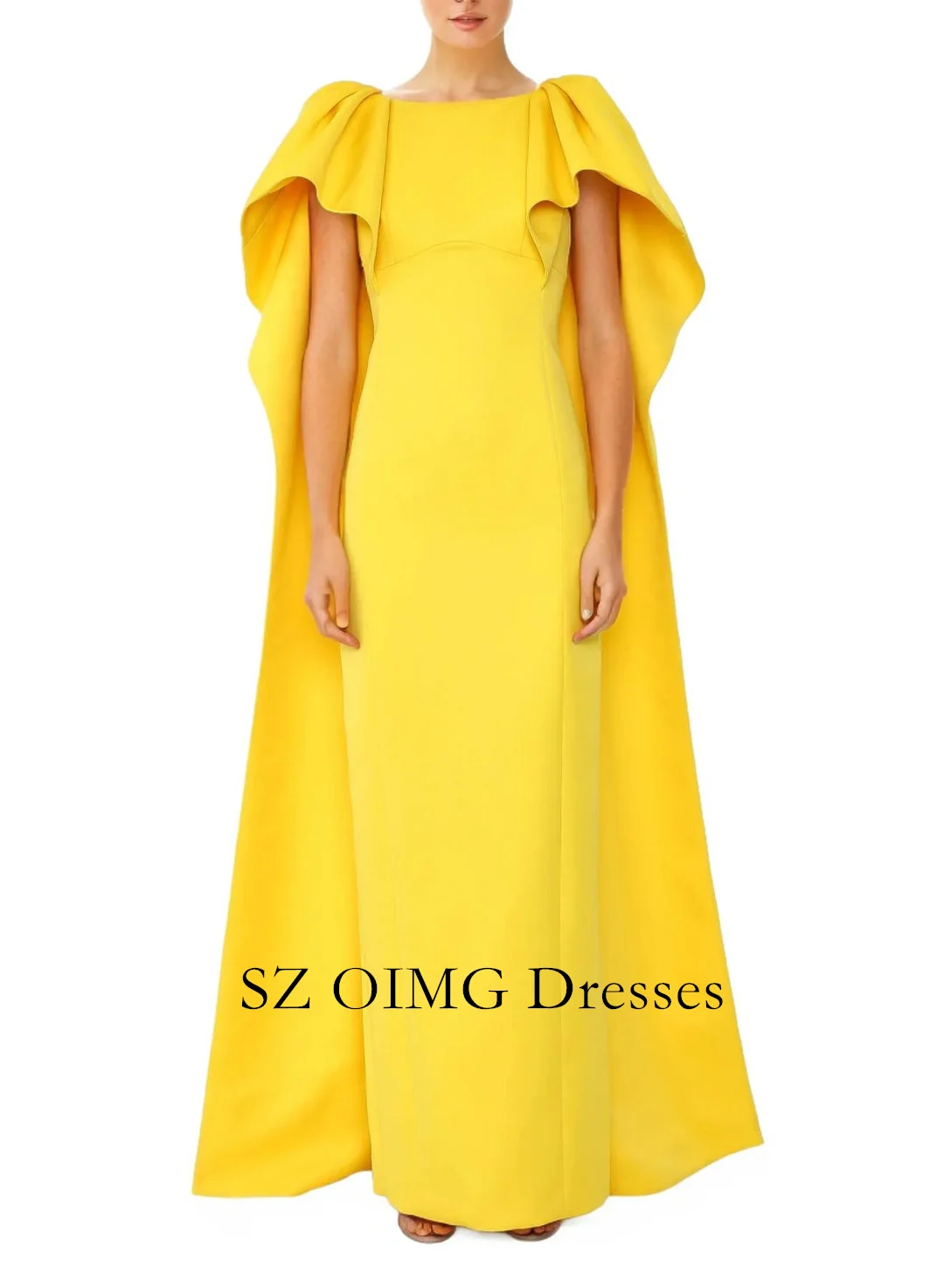 

OIMG O-Neck Vintage Yellow Evening Dress Prom Gowns with Cape Sheath Crepe Satin Ruffles Wedding Party Gowns For Women 2024