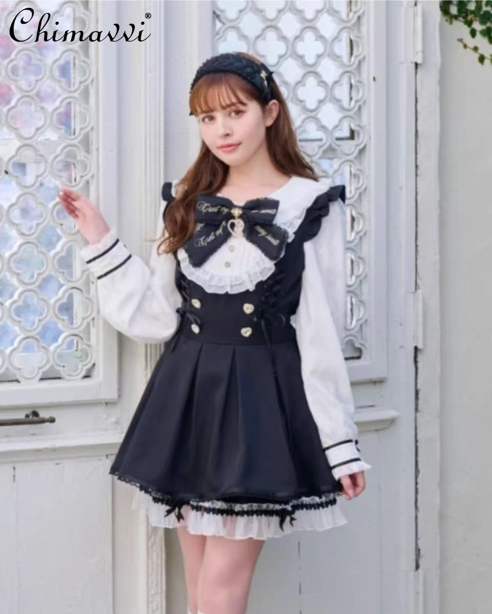 

Liz Japanese Lolita Mass-produced Slim-fit Two-piece Set Sweet Girl Maid Dress Cute Bow Top and Skirt Lace Women's Y2k Outfits
