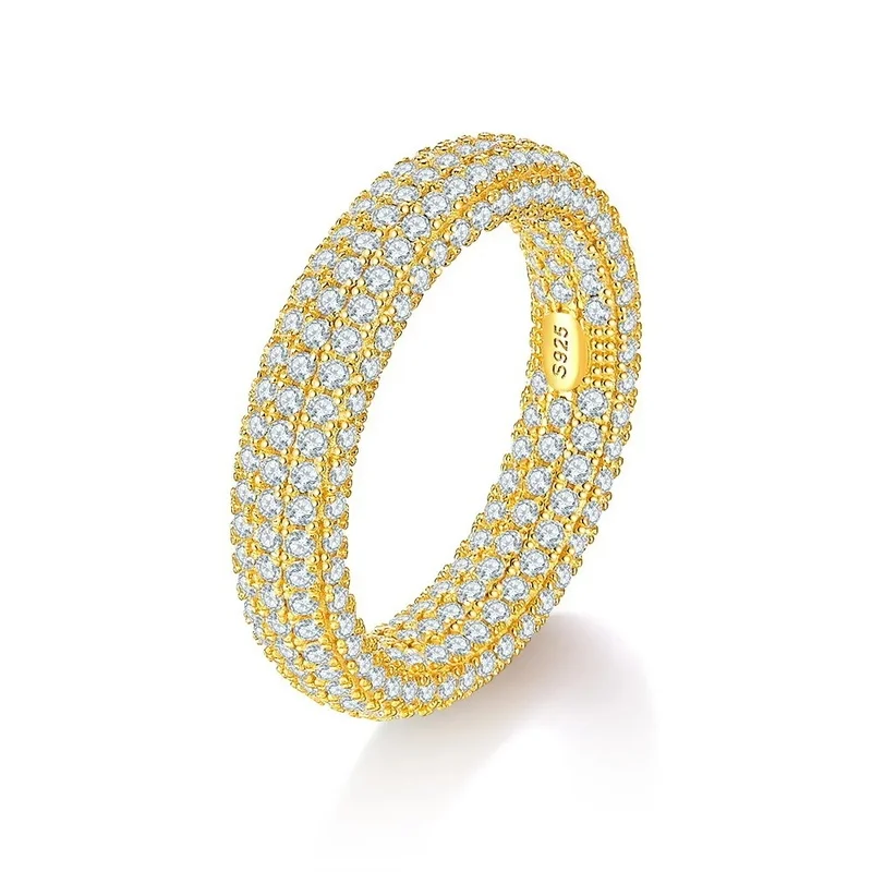 S925Silver Moissanite Iced Out Triple Row Ring 5A CZ Eternity Band Hip Hop Bling Jewelry Gold Plated Men Women Rapper Wide Ring