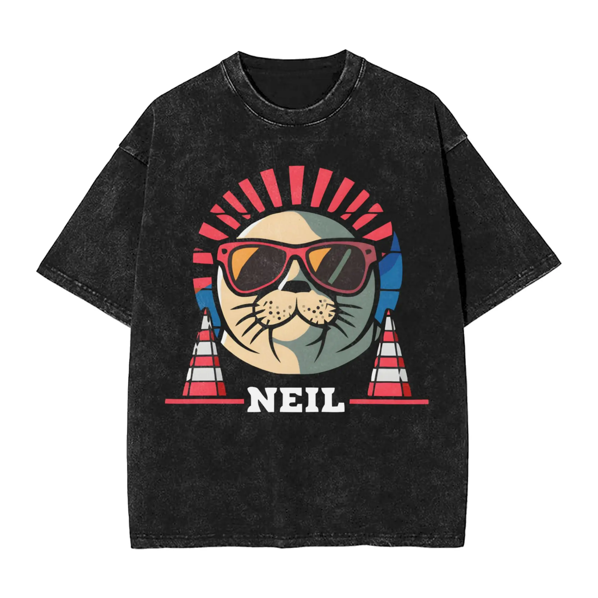 Vintage Washed T-Shirt Neil the Seal  Cotton T-Shirts  Hipster Tee Shirt for Man Summer Y2K Classic Print Tees