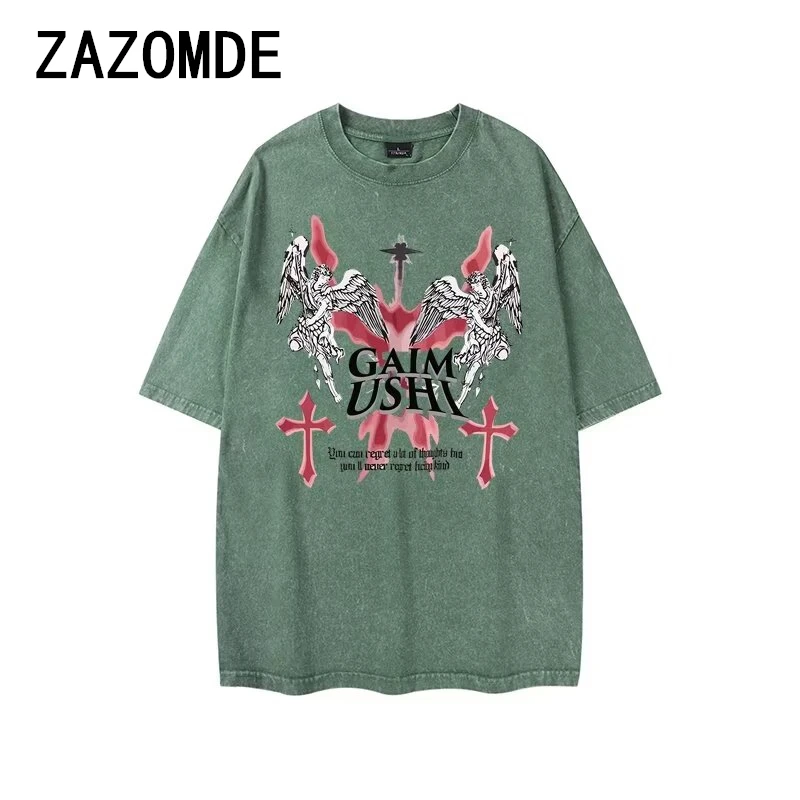 

ZAZOMDE Hip Hop Streetwear Washed T Letter Print T-Shirt 2022 Men Harajuku Cotton Casual Tshirt Summer Short Sleeve Tops Tees