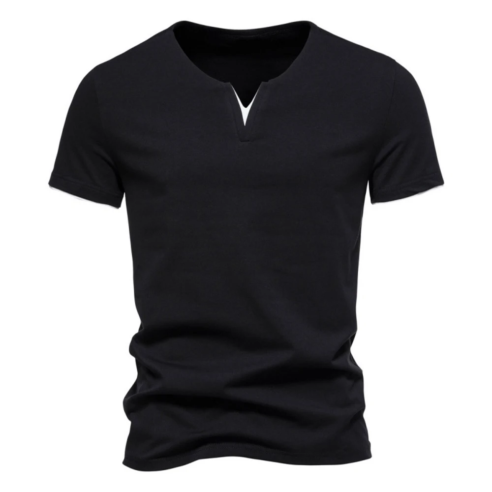 Herren Kurzarm Henley-Shirt Lässiges Sommer V-Ausschnitt T-Shirt Casual Slim Fit Einfarbig Locker Sitzend Fitness Sport Atmungsaktives Oberteil – Detail 4