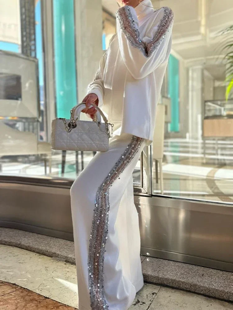 Long-sleeved Top and Trousers Set Women\'s White Solid Turtleneck Sequined Trousers Casual Female Streetwear Bling Pants Suits