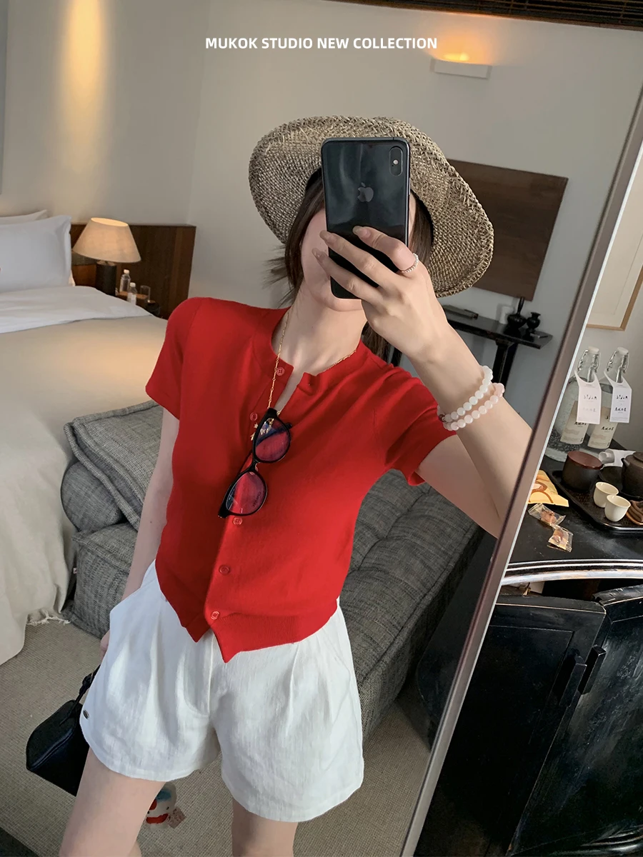 

Кардиган MUKOK Red с 14-игольной вязкой, шерстяной, с коротким рукавом, женский, приталенный, летний, новый, с круглым вырезом, универсальный, тонкий, как футболка