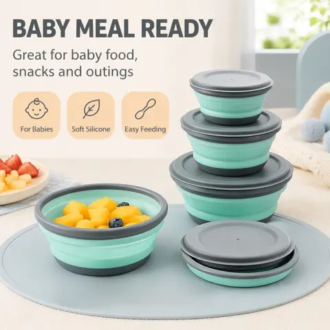 Portable Folding Lunch Box Bowl Sets Silicone 3pcs/set Lid  Picnic Camping Kitchen Tableware Kit Foldable Fruit Salad Bowl