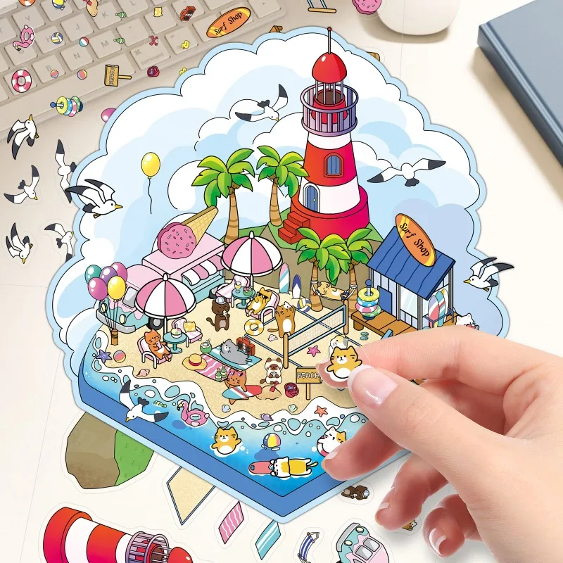3D Landscape Building PET Stickers Delicate Miniature World and Stereo Hut Designs Fun Creative Collage Gameplay Gentle