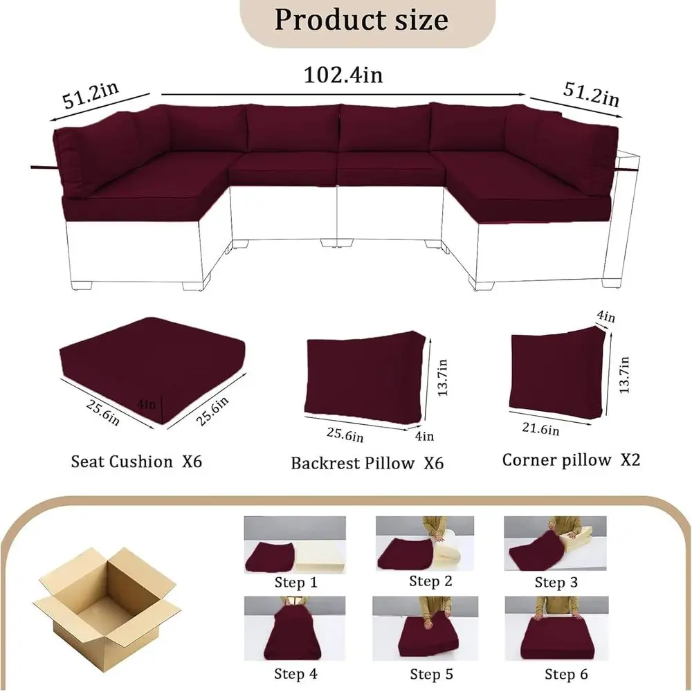 14 Pieces Outdoor Sectional Replacement Cushions or Patio urniture, 4in Thick Outdoor Soa Cushions or 6 Seat, Waterproo Deep Sea