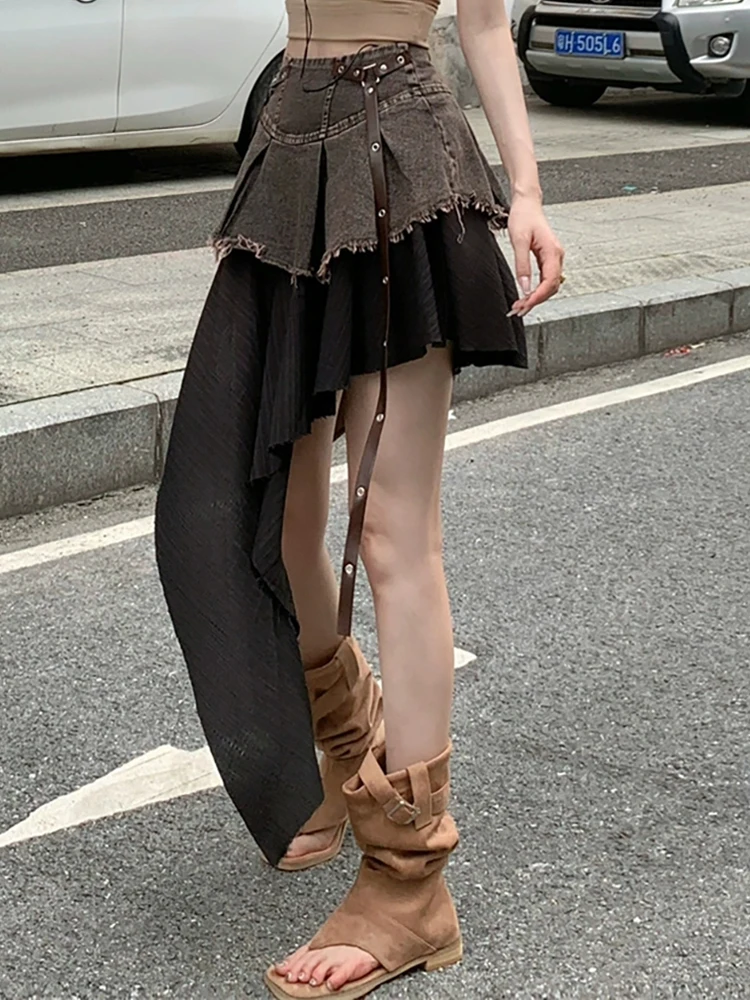 RORORIRI レトロスプライシング不規則なデニムミニスカート女性ハイウエストベルト生エッジプリーツ非対称スカートゴシックパンクストリート