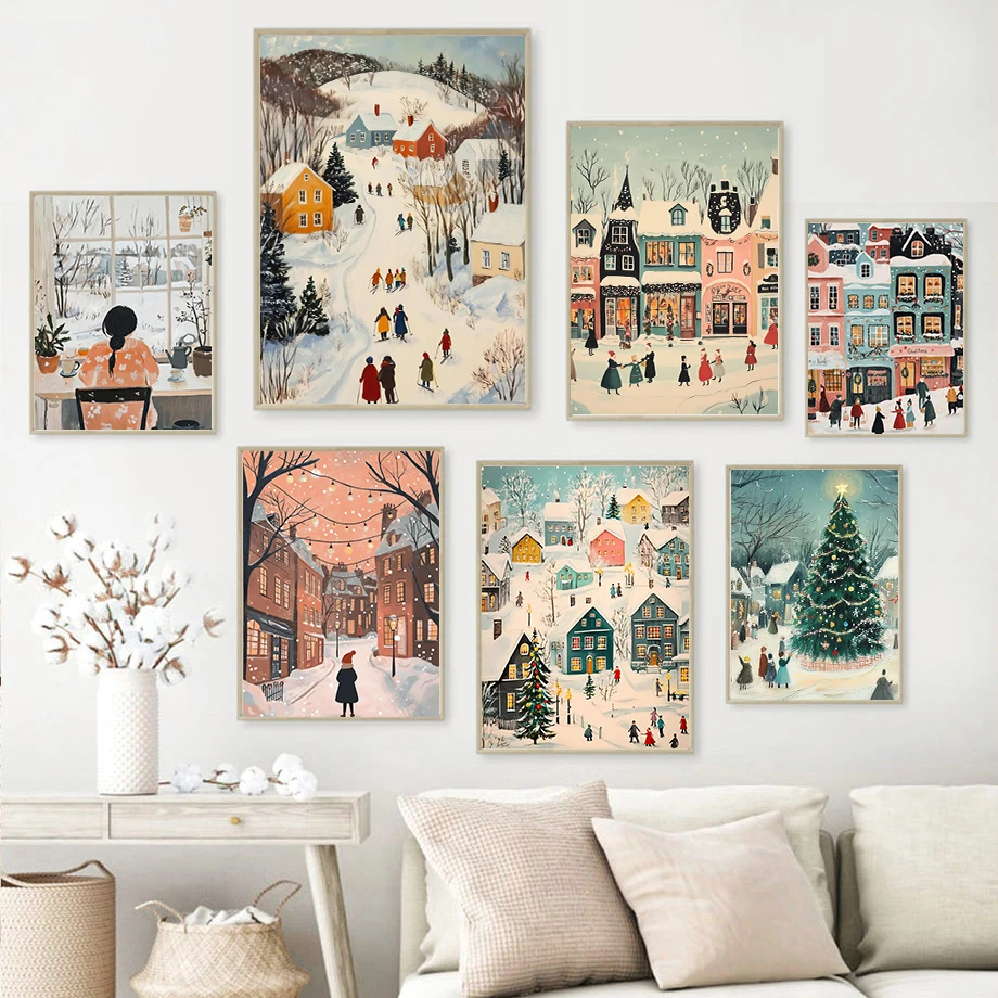 Winter Rural Snow Scenery Skiing Snow House Christmas Tree Christmas gift Fashion Wall Art Canvas Painting Nordic Poster Deco