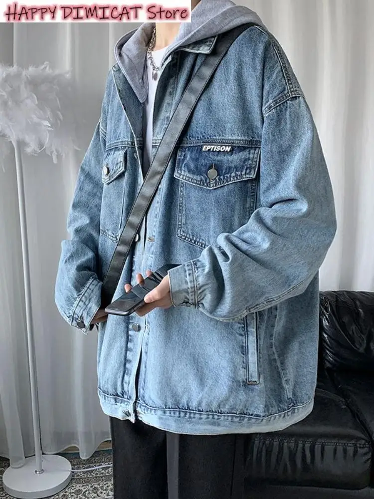 

Men's Denim Jacket High Street Hooded Punk Oversize Workwear Jeans Coat Autumn Winter New Hong Kong Style Versatile Top