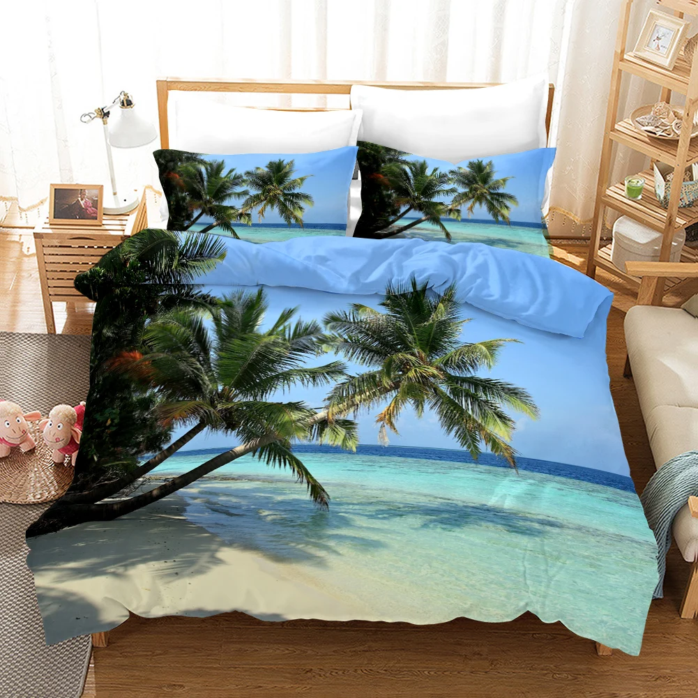 Beach Duvet Cover Set Polyester Tropical Island With The Palm Tree And Sea Beach Nature Theme Double Queen King Size Quilt Cover