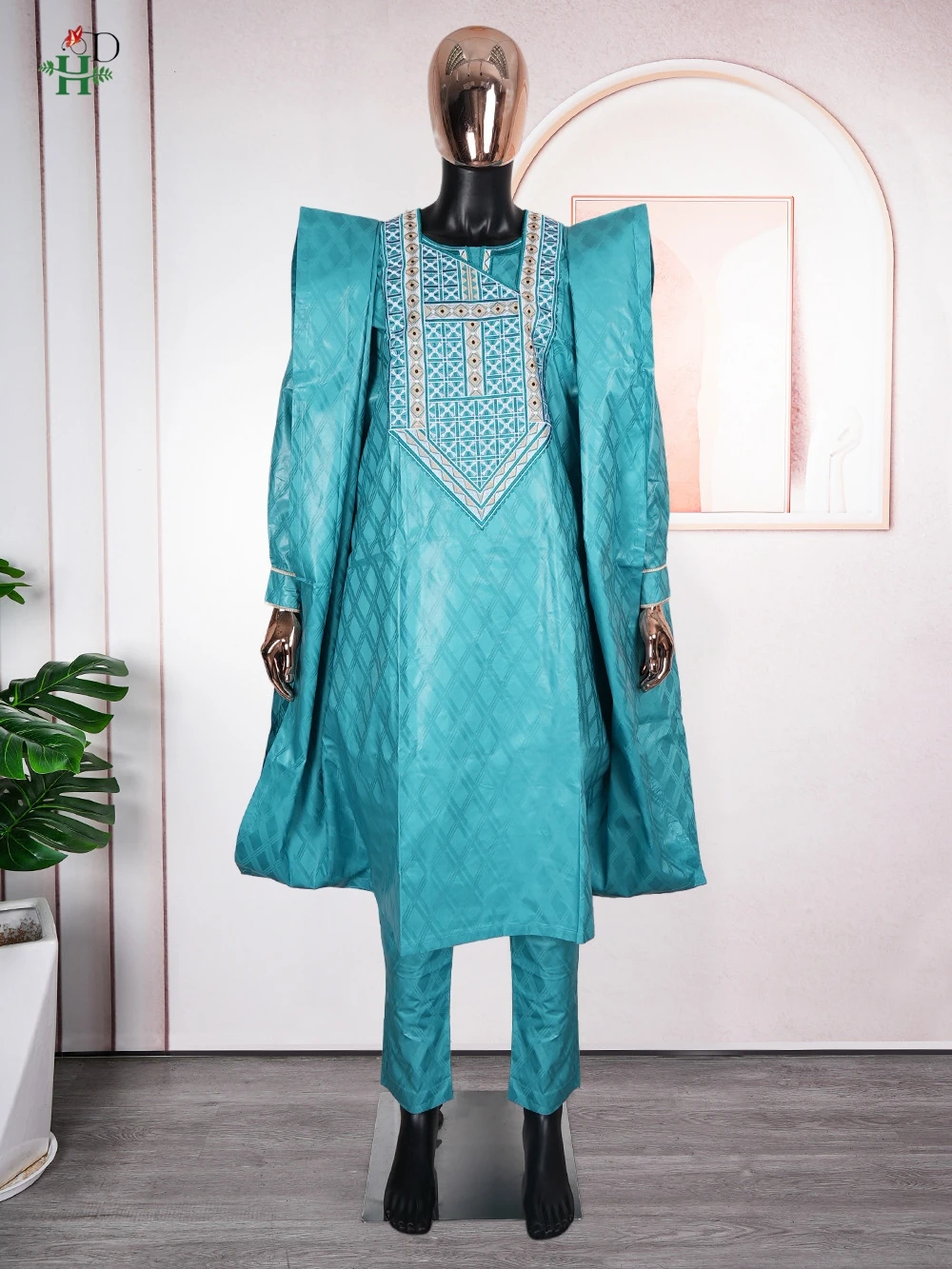 African Traditional Wear Formal Attire Bazin Riche Dashiki Thobe Green 3PCS Shirt Pant Robe Suit Agbada Men's Wedding Party 2025