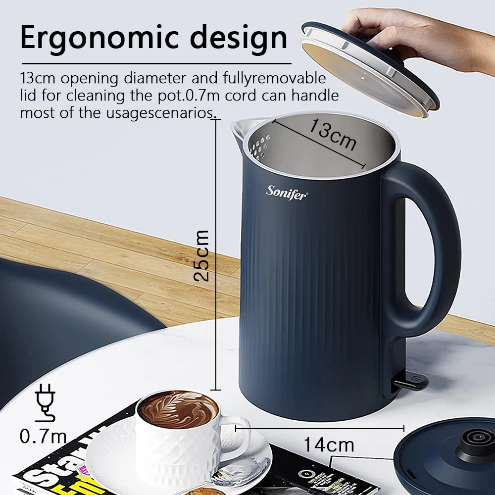 304 Stainless steel Electric kettle Household Double wall design 1.7L 1500W Cordless Frosted housing