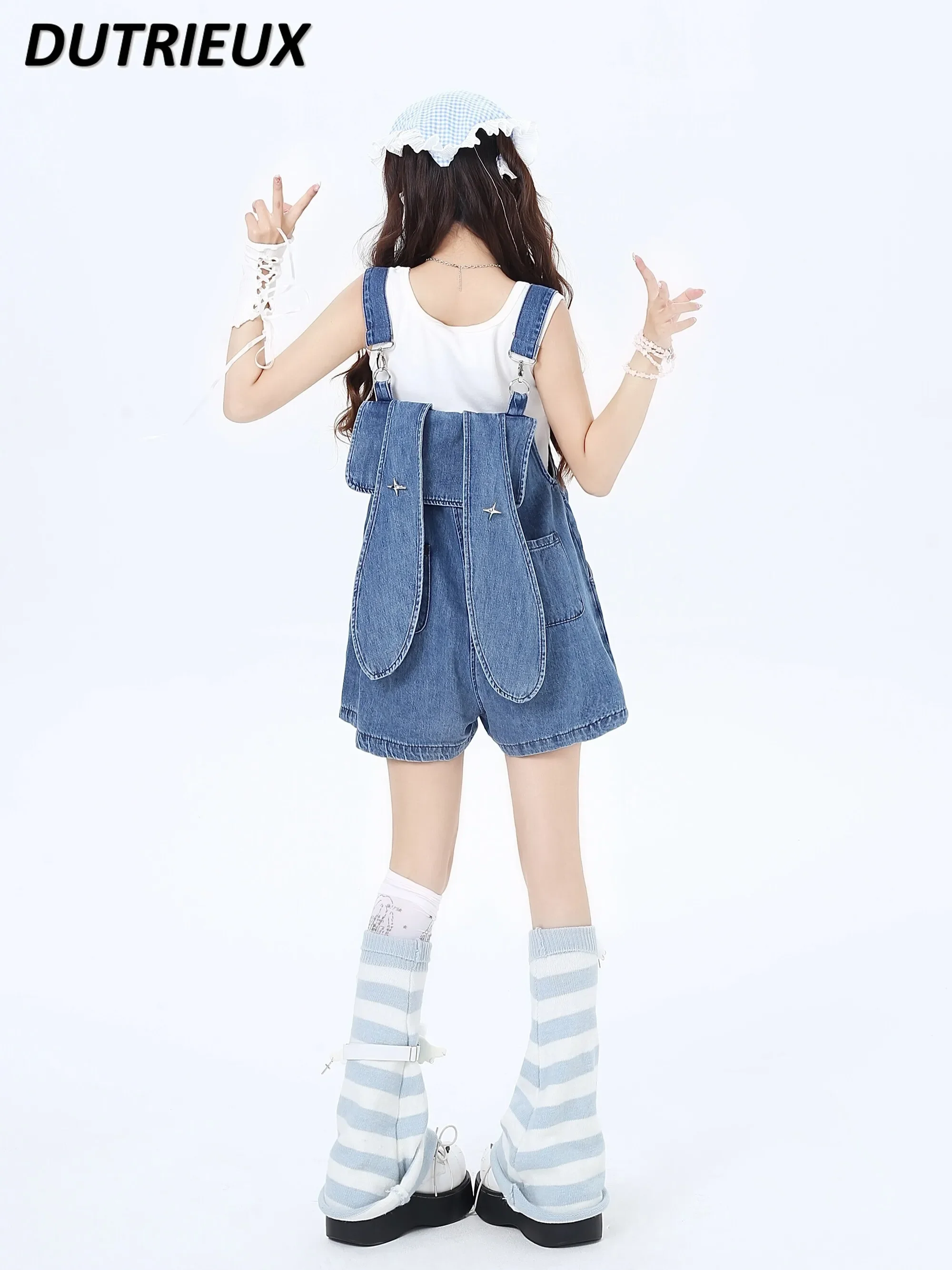 Falda de mezclilla corta con diseño de chica dulce, pantalones vaqueros sueltos de aspecto juvenil, pantalones de tirantes, pantalones cortos de