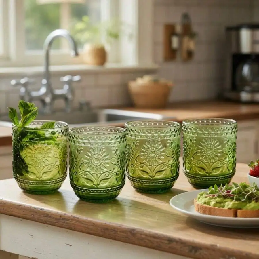 4-Piece Vintage Glass Mug Set 12OZ/350ML, Sunflower Embossed Glass Drinking Mugs, Elegant Glassware For Coffee, Iced Coffee & Be